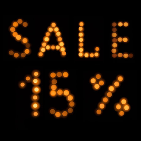 Blurred inscription sale 15% of burning candles on a black background, top view. Holiday offer...