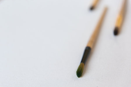 Three brushes for painting on textured blank white canvas background with copy space. Drawing...