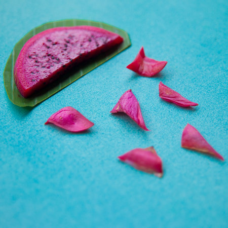 Colorful still life of red dragon fruit slices on a bright blue textured background with green leaves. Tropical rain season positive concept.の写真素材