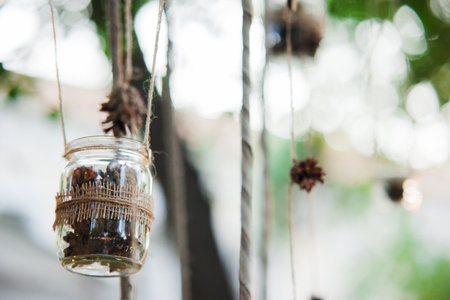 Rustic style decoration outdoor. Pine cones in glass jars hung on ropes. Summer green nature background with copy space.の写真素材