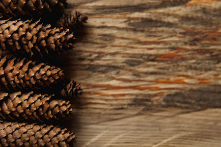 Warm autumn background with copy space. Group of pine bumps on textured wooden table.