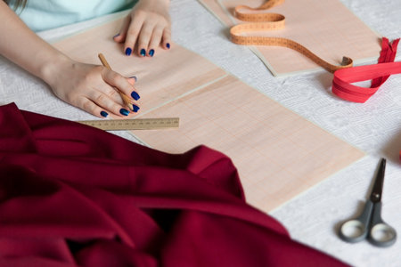 Sewing hobby background. Female hands holding a pencil. Cloth pattern building process.
