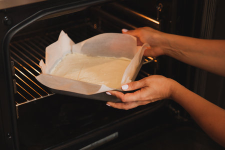 Female hands put in the oven a baking dish with a batter cake.の写真素材