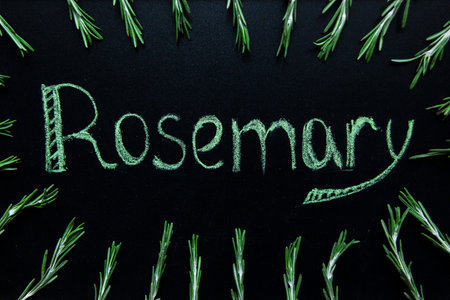 The inscription of rosemary with chalk on a black slate and branches of herbsの写真素材
