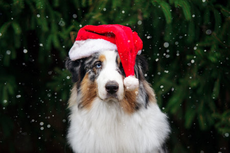 Australian shepherd in red santa hat posing under the christmas tree. New year 2018 symbol concept.の写真素材