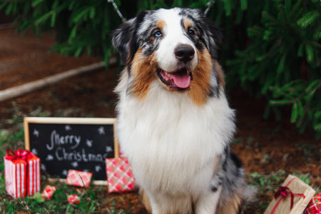 Smiling australian shepherd portrait under the christmas tree with wrapped gift boxes and black chalkboard with inscription: Merry Christmas. New year of the dog 2018 symbol concept.の写真素材