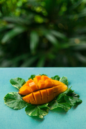 Still life of juicy tropical fruit and green leaves on a texturred turquoise canvas on green nature background. Vegan food: orange mango diced on bright blue surface.の写真素材