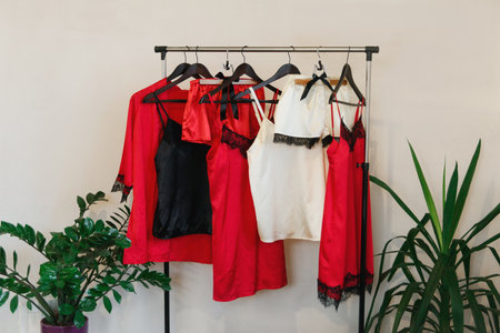 Silk lingerie hanging on a rack on showroom. Collection of sensual underwear, tops, shorts and nightdresses.の写真素材