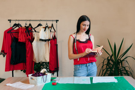 Clothes designer works in showroom. The tailor writing in a diary. Seamstress stands on background of her silk lingerie collection, hanging on a rack.の写真素材