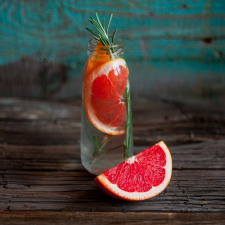 Infused water recipe. Grapefruit and rosemary detox water. Healthy lifestyle concept. Healthy habit of hydration.の写真素材
