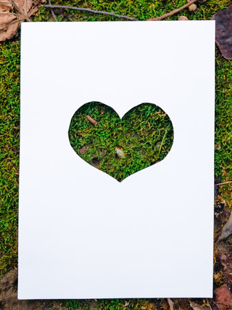 Card with cutout hole heart shape on white paper on moss ground. Love to nature concept.の写真素材
