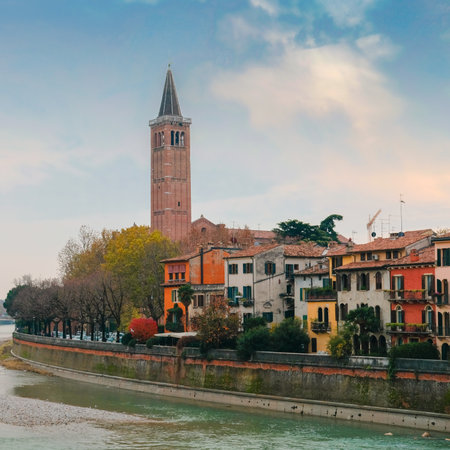 Cityscape of Verona with river Adige. Historical center of European city. Romantic sightseeng trip...