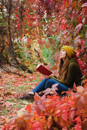 Girl in mustard yellow knit hat and marsh green wool sweater sitting among colorful ivy in autumn and reading a paper book.の写真素材