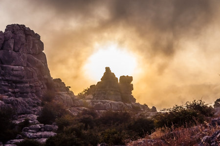 Sunset with fog in the Torcal Antequeraの写真素材