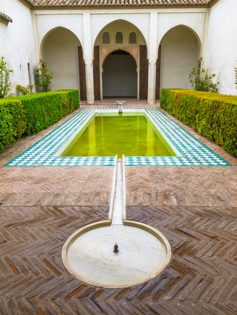 Yard swimming pool, Alcazaba de Malaga, Malaga, Costa del Sol, Andalusia, Spainのeditorial素材