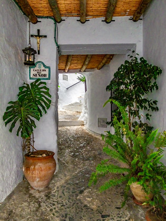 Alley in Frigiliana, access to street with housing.の写真素材