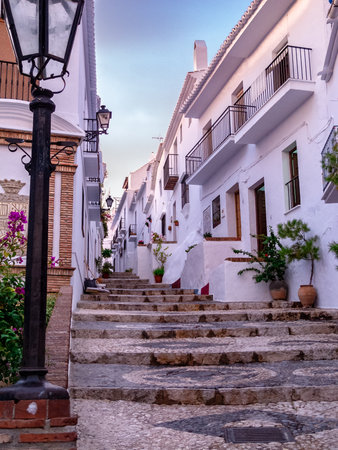 Street of Frigiliana, with cobblestone stepsの写真素材