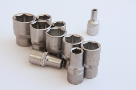 Set of used hexagon bits on white backgroundの写真素材