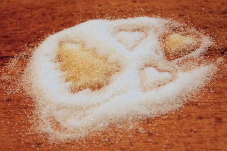 Heap of white and dark sugar with signs of tree and heartsの写真素材