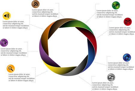 Rounded infographic consists of eight pieces with shadows and color gradients and sample text with round icons near the headline.のイラスト素材