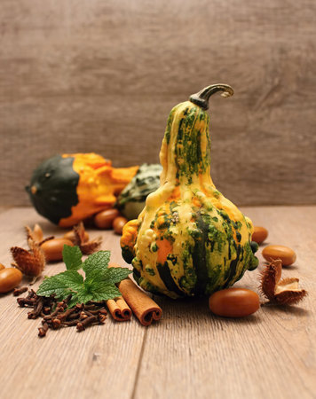 Photography of Squash with other on background with acorns, melissa and cinnamon and spice on the old wooden boardの写真素材