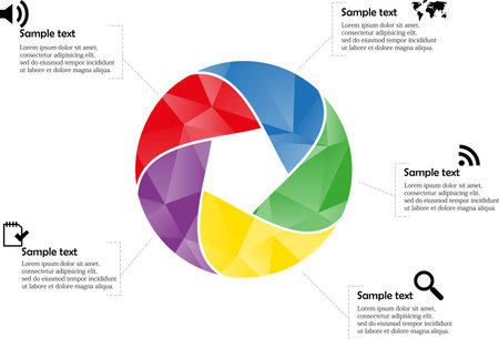 Circle infographic with five pentagon motif around with multiple colors and simple icons around with shaded triangle over main pictureのイラスト素材