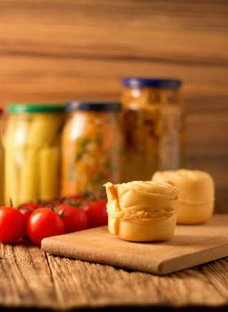Photo of one Parenica rolled steamed cheese on wooden board which is placed on another wooden table...