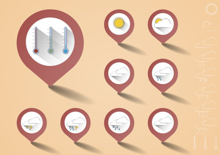 Set of color pointers with icons for weather forecast signs with long shadows placed on yellow background and with bar on red with symbols created just by white lines.のイラスト素材