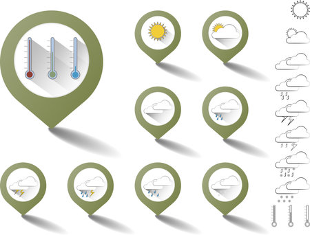 Set of green color pointers with icons for weather forecast signs with long shadows placed on white background and with bar on red with symbols created just by white lines.のイラスト素材