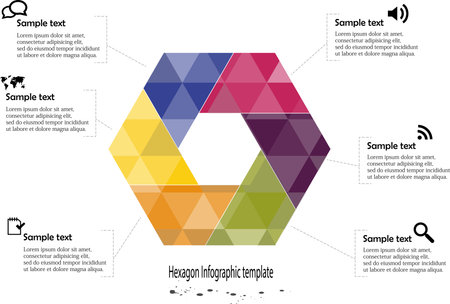 Illustration of hexagon infographic with six parts with different colors covered by semi transparent triangles and with simple signs in each part on white backgroundのイラスト素材