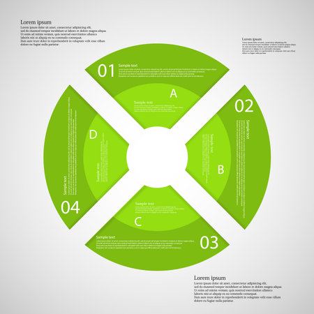 Illustration infographic consists of four rounded parts with different colors which creates ring placed on light background with space for text. Parts are signed by numbers and letters.のイラスト素材
