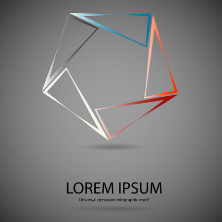 Illustration infographic logo with pentagon shape with sharp corners consists of five separate color triangle parts crated by outline contours with space around for own text. Background is darkのイラスト素材