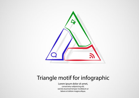 Illustration infographic of color triangle consists of three separate parts each created from outlines contour. Each part contains simple symbol motif. Background is lightのイラスト素材