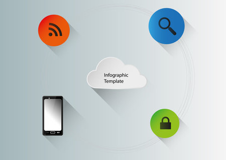 Flat illustration infographic with cloud motif in the middle and several icons around including mobile cell phone. Long shadows are used and background is light blue.のイラスト素材