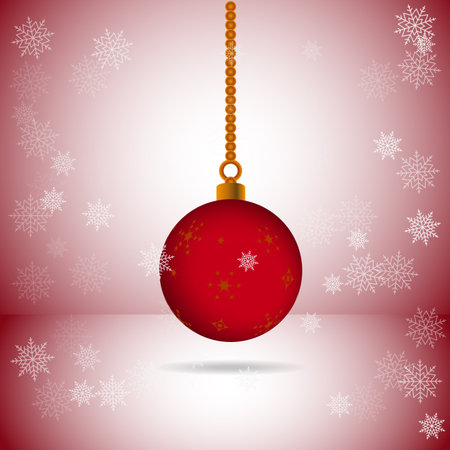 Square illustration template with bright red background divided by corner and single christmas ball with the same color. Snowflakes are over the picture.のイラスト素材