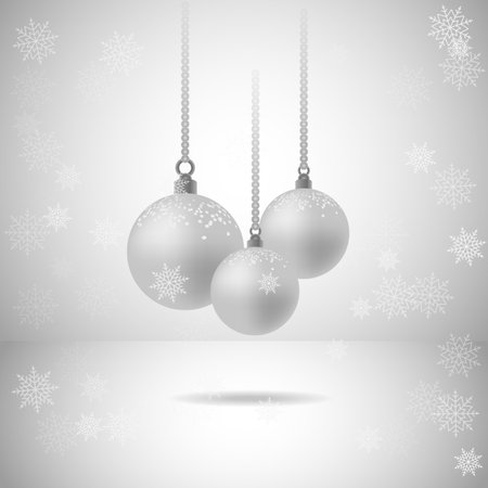 Square illustration template with bright silver background divided by corner and set of three christmas balls with the same color. Snowflakes are over the picture.のイラスト素材
