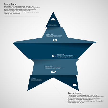 Illustration infographic with motif of star with five corners. Star is divided  cut to five separate parts with space for own text. The color is dark blue and background is light.のイラスト素材