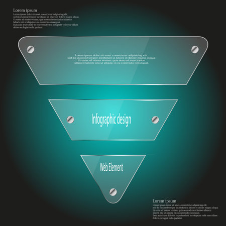 Illustration infographic template with glass triangle divided to three parts. Each part has space for own text and two fixing screws. Background is dark blue.のイラスト素材