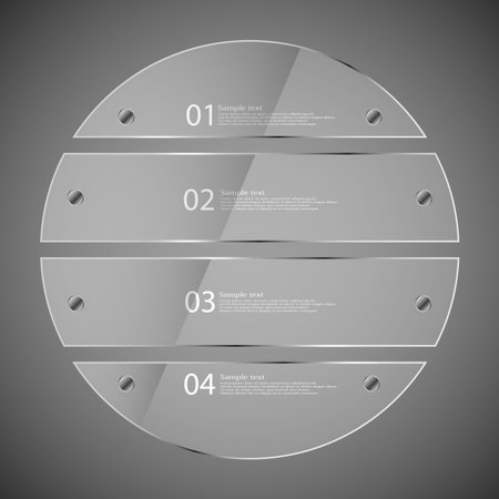 Illustration infographic template with glass ring divided to four parts. Each part has space for own text and two fixing screws. Background is dark grey.のイラスト素材