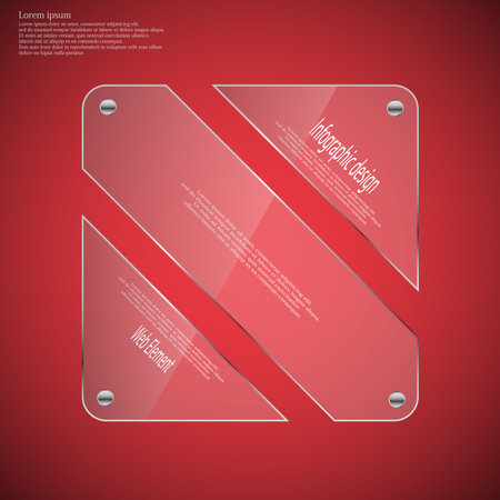 Illustration infographic template with glass rhombus divided to three parts. Each part has space for own text and two fixing screws. Background is dark red.のイラスト素材