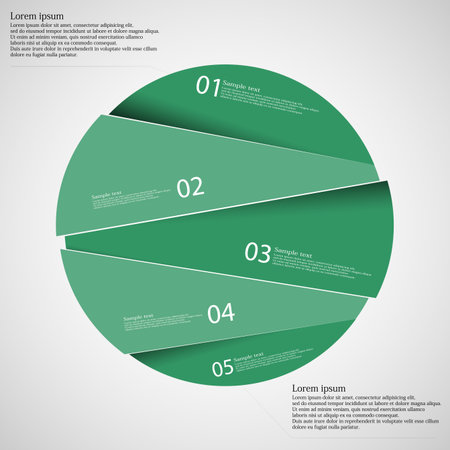 Circle illustration infographic template which is randomly divided to five green parts. Each part has space for own text according customer needs. Background is light.のイラスト素材