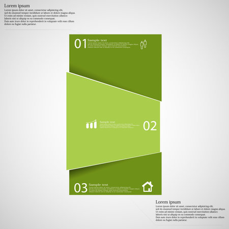 Illustration infographic template with motif of bar randomly divided to three green parts with space for own text, unique number and simple sign. Background is light.のイラスト素材