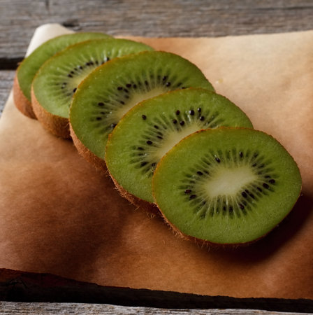 Square photo of five cut slices of green kiwi fruit which is placed on brown paper sheet in a row.の写真素材