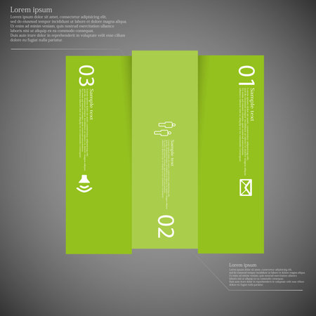 Illustration infographic with motif of green square vertically divided to three parts on dark background. Each part contains simple symbol, unique number and sample text which should be replaced.のイラスト素材