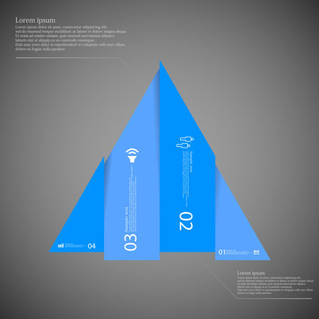 Illustration infographic template with triangle shape vertically divided to four blue parts. Each part contains simple sign, unique number and Lorem Ipsum text. Background is dark.のイラスト素材