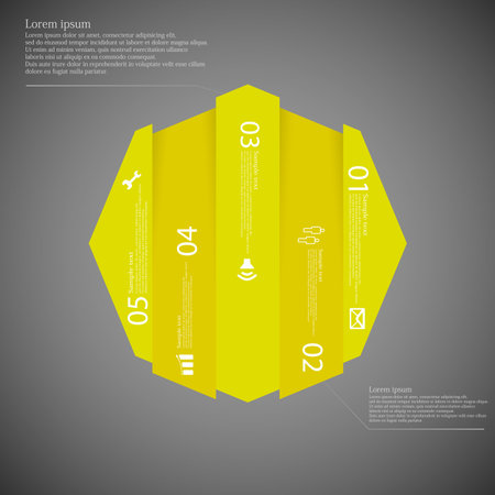 Dark illustration infographic template with motif of octagon vertically divided to five the same size yellow parts which contain unique number, simple sign and space for customer's text.のイラスト素材