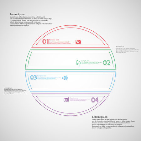 Illustration infographic template with motif of circle horizontally divided to four color parts created by thin double outlines or contours. Each part has simple sign, number and sample text.のイラスト素材