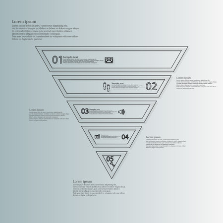 Illustration infographic with shape of triangle which is divided to five black parts created by double outlines on blue background. Each part has simple sign, sample text and number.のイラスト素材