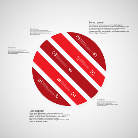 Illustration infographic template with shape of circle. Object askew divided to five parts with red color. Each part contains Lorem Ipsum text, number and sign. Background is light.のイラスト素材