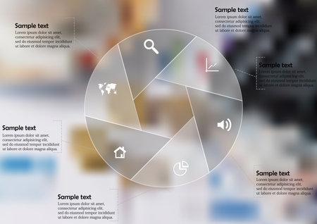 Illustration infographic template with shape of circle consists of six parts on background created from photo of few papers with chart and coins. Graphic contains sample text and signs.のイラスト素材